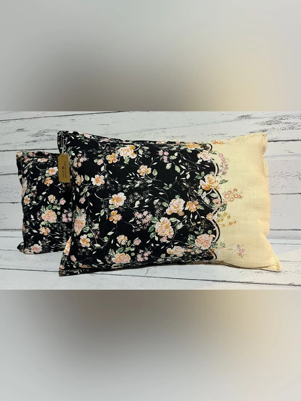 Set of 2 Handmade Sewn Floral Pillows Black Cream Cottage Farmhouse New